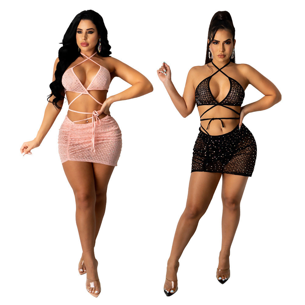 ANJAMANOR Sexy 2 Piece Set Bling Rhinestones Sheer Mesh Ruched Mini Skirts Club Outfits Women Summer Clothing D57-CG15