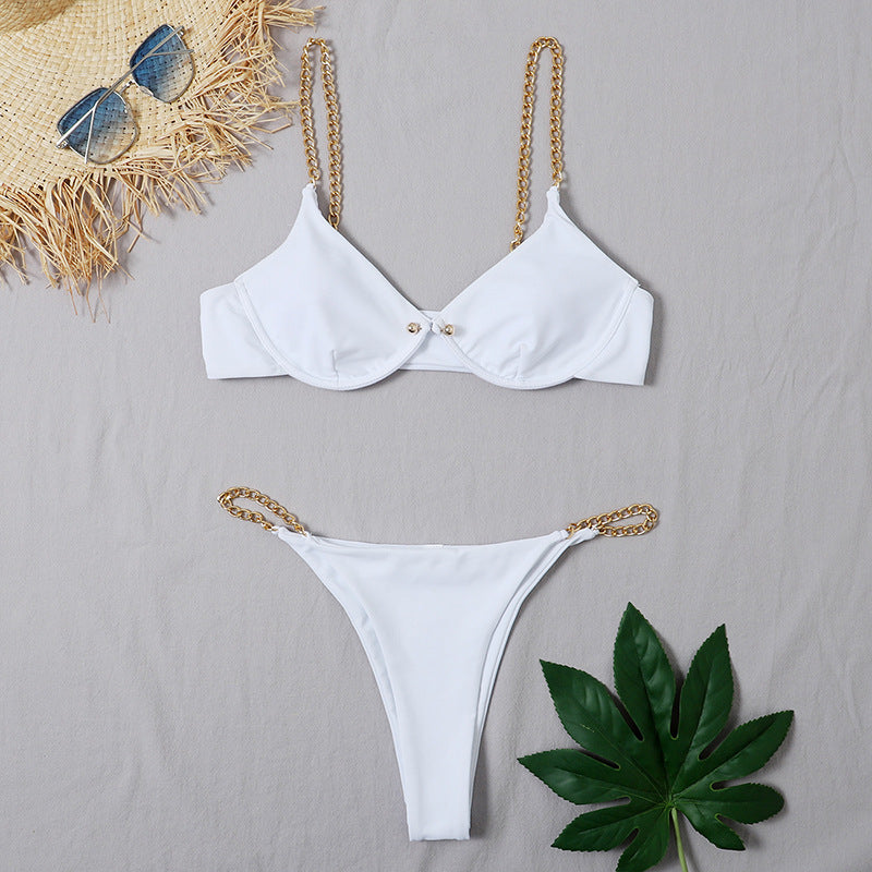 Women's Sexy Split Chain Solid Color Halter Strap Bikini Swimsuit Two Piece Swimwear Beachwear