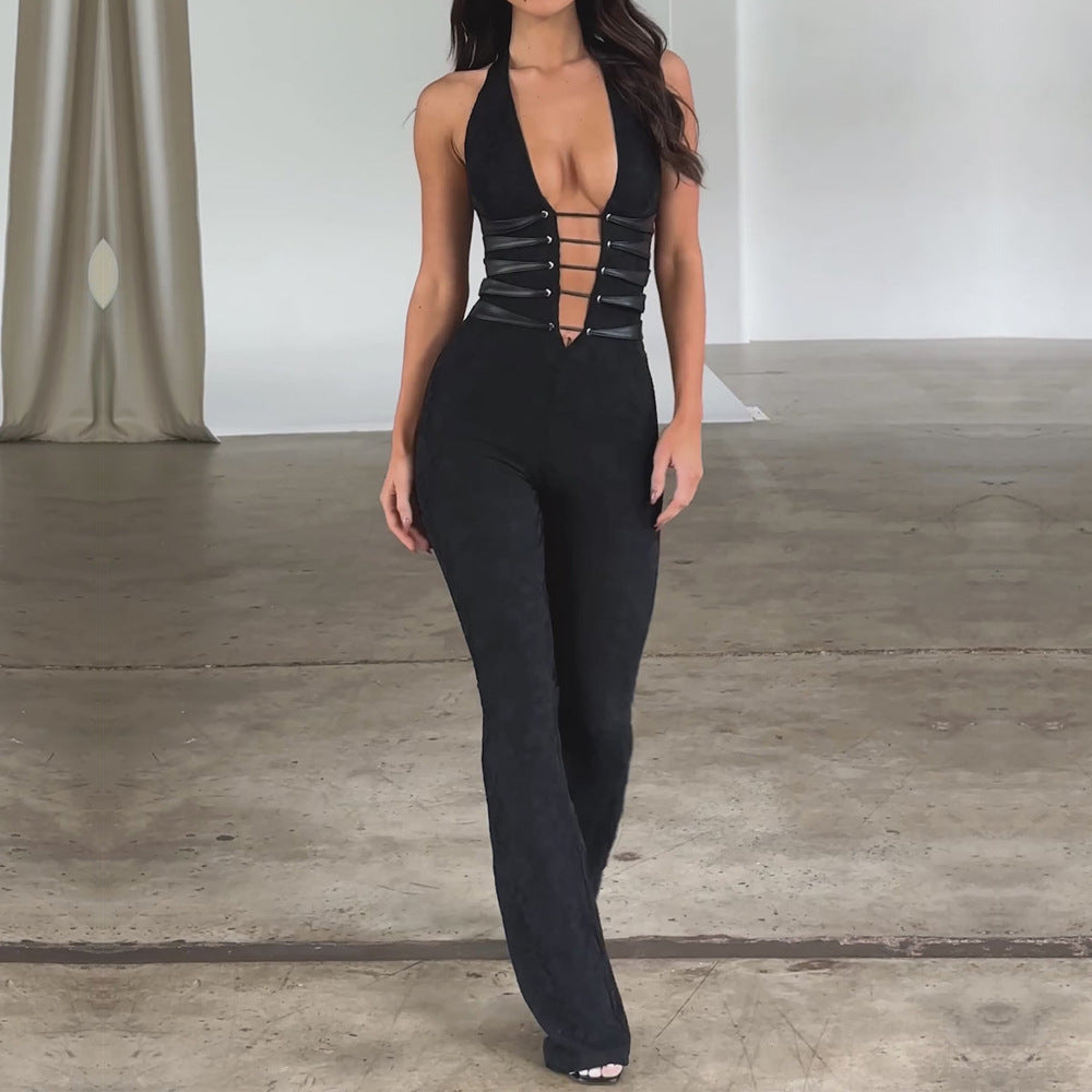 Women's Lace Lash Rope Lace Up Slim Fit Halter Jumpsuit