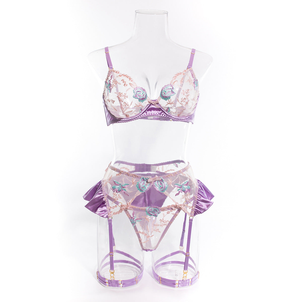 Light Purple Mercerized Embroidery Super Beautiful Lingerie Four-piece Set