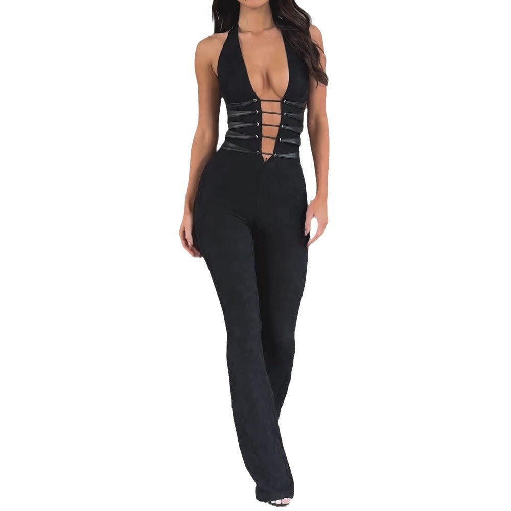 Women's Lace Lash Rope Lace Up Slim Fit Halter Jumpsuit